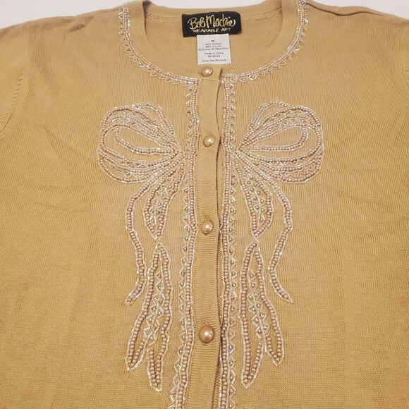 BOB MACKIE WEARABLE ART Sz Medium Sequin Bow Cardigan Holiday Christmas Vintage - Picture 2 of 7
